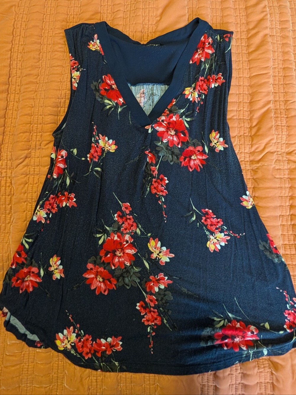 Papermoon Navy V-Neck Sleeveless Floral Tank with Red Blooms